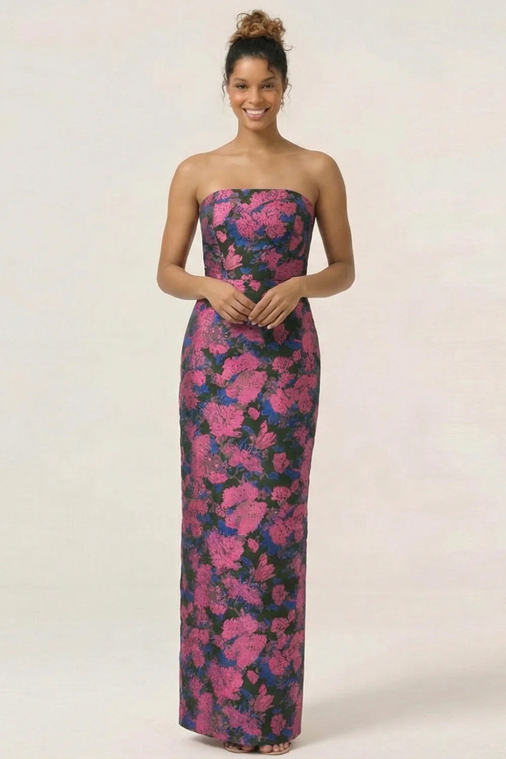 Blue Sheath Strapless White Floral Back Slit Satin Maxi Dress with Pockets