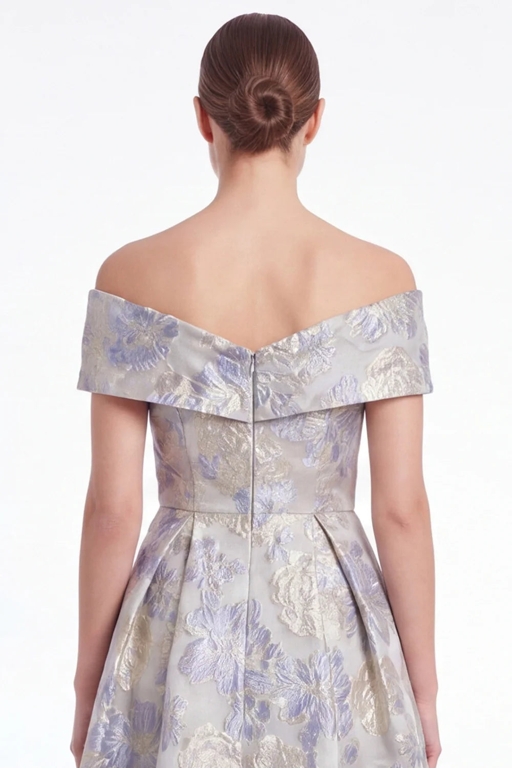 Off the Shoulder A Line Blue Floral Jacquard Mother of the Bride Dress