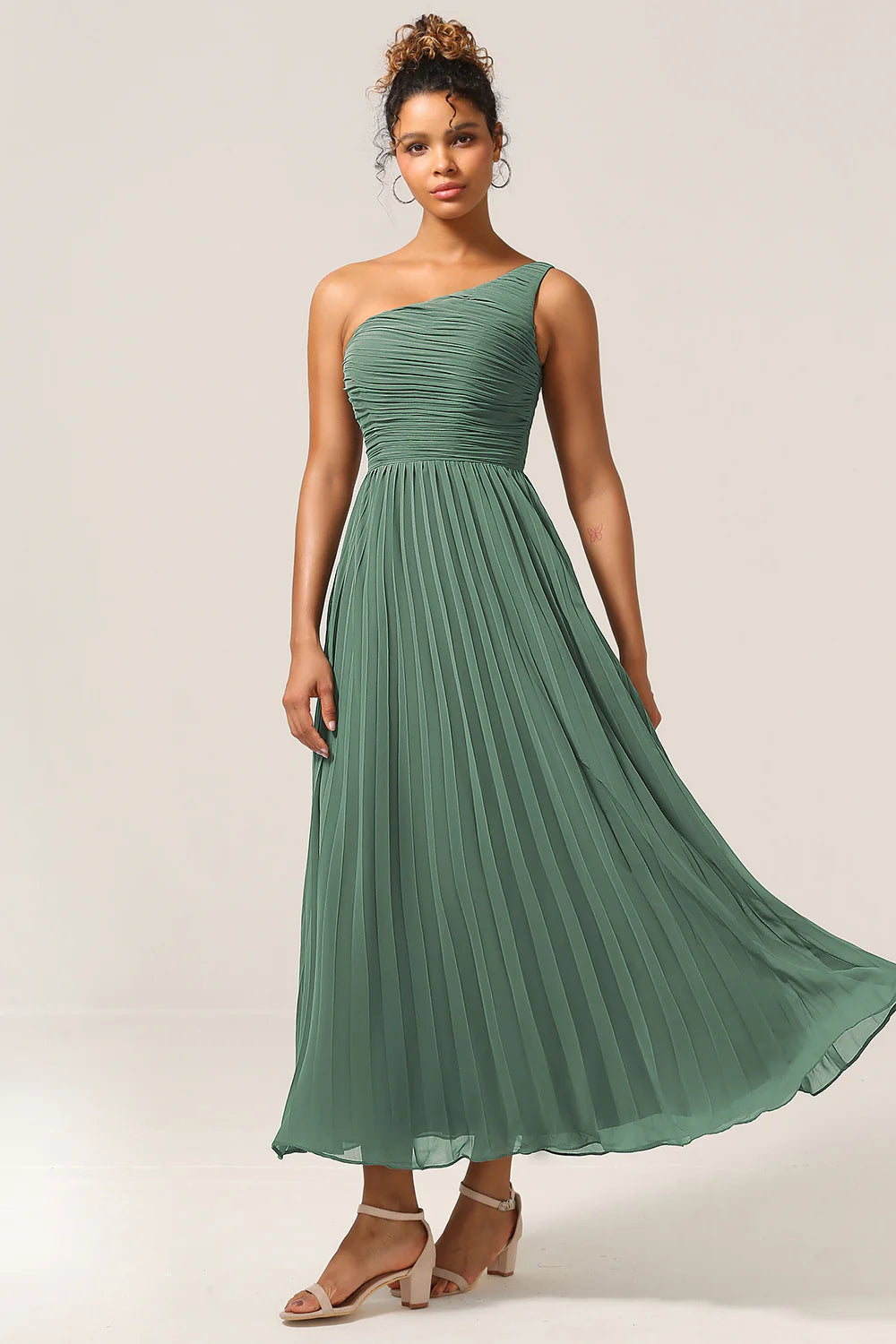 Eucalyptus A Line One Shoulder Ruched Chiffon Plus Size Bridesmaid Dress