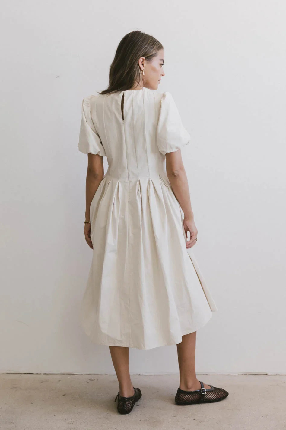 Eliana Pleated Midi Dress in Cream FINAL SALE