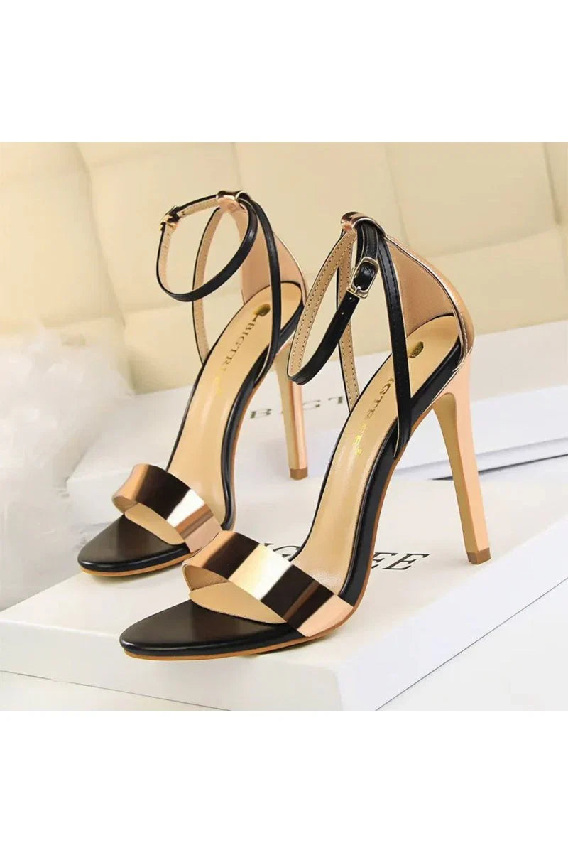 Open Toe Ankle Strap Patent Leather Stiletto Heels