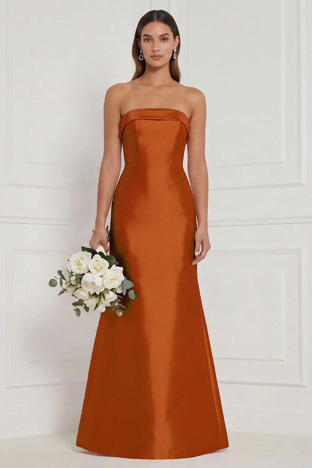 Strapless Mermaid Dusty Rose Satin Long Bridesmaid Dress