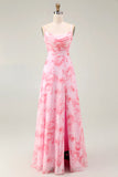 Pink Flower A Line Cowl Neck Print Long Bridesmaid Dress with Slit