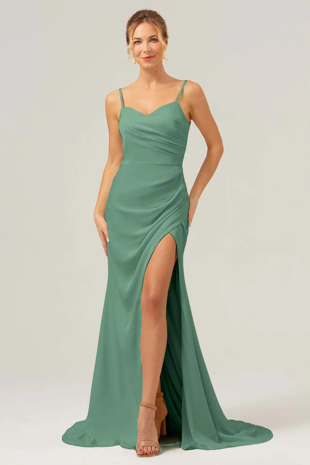 Black Sheath Spaghetti Straps Ruched Long Satin Bridesmaid Dress with Slit