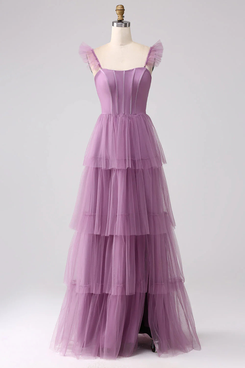 A Line Spaghetti Straps Tiered Floor Length Tulle Purple Bridesmaid Dress