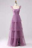 A Line Spaghetti Straps Tiered Floor Length Tulle Purple Bridesmaid Dress