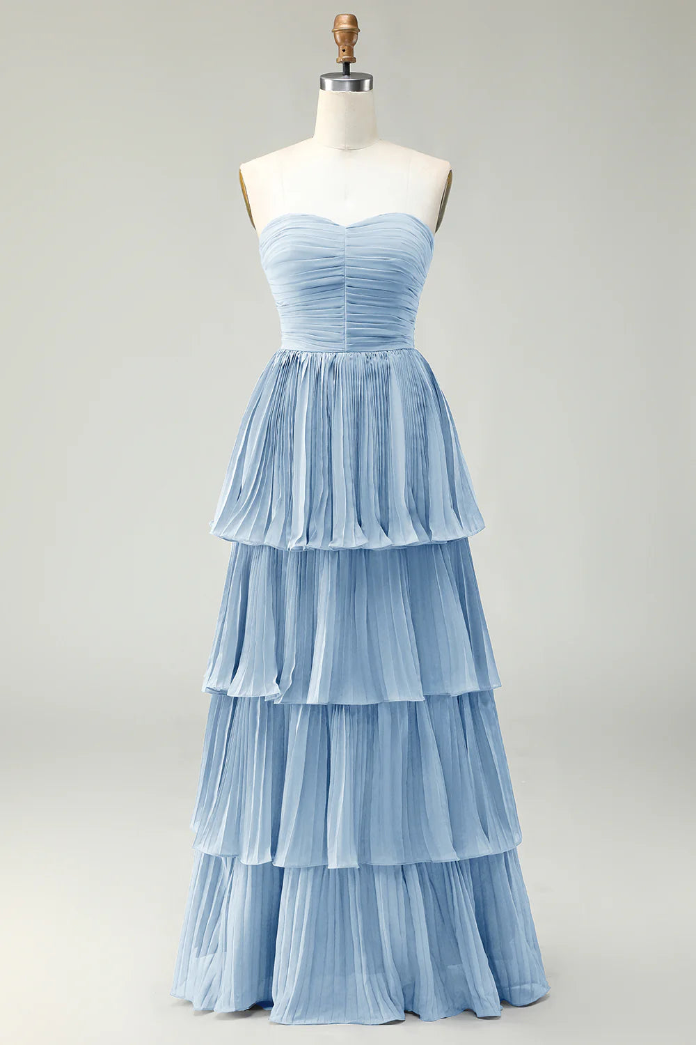 Dusty Blue A Line Strapless Pleated Tiered Long Bridesmaid Dress with Ruffles