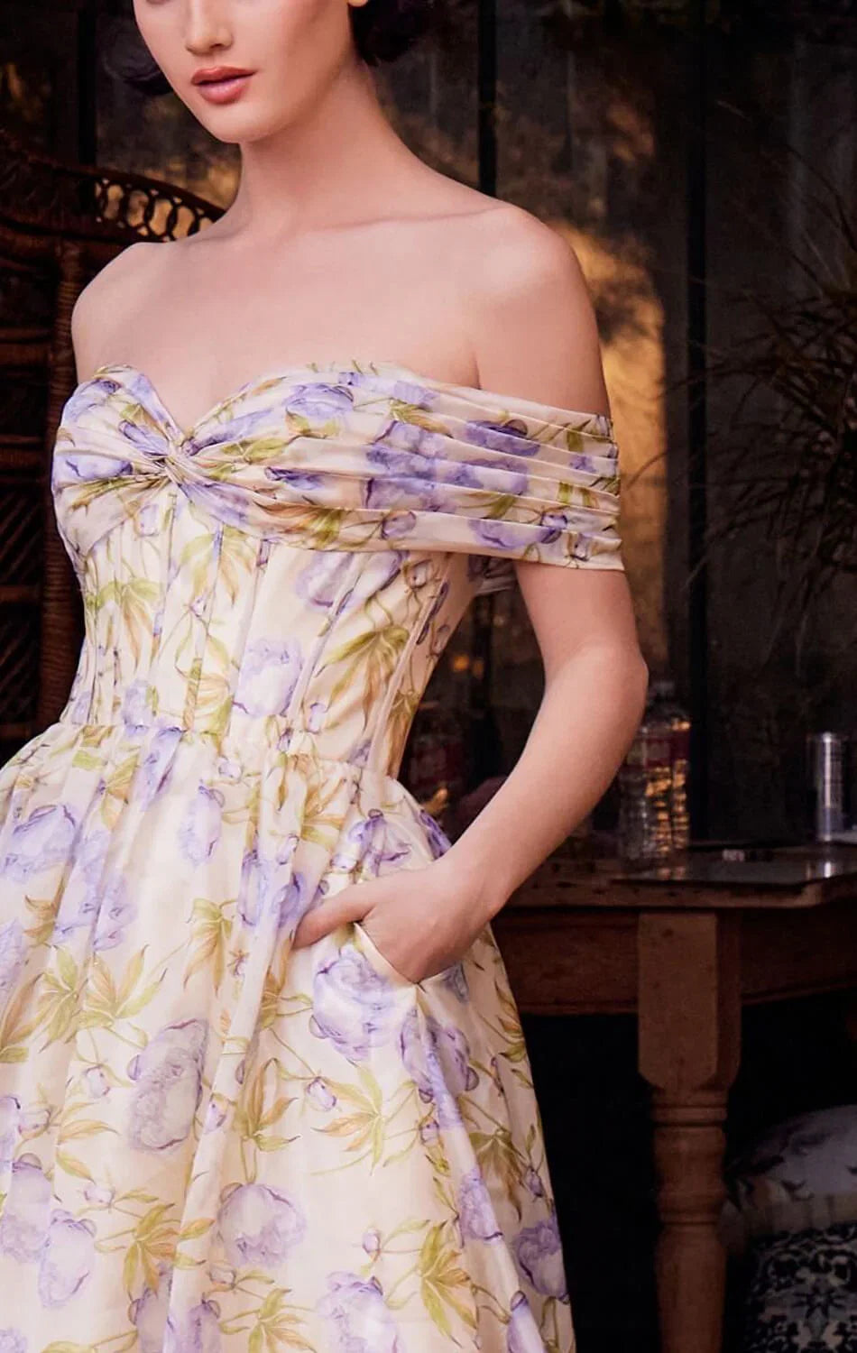 A1466 FLORAL PRINTED OFF THE SHOULDER A LINE DRESS Andrea Leo