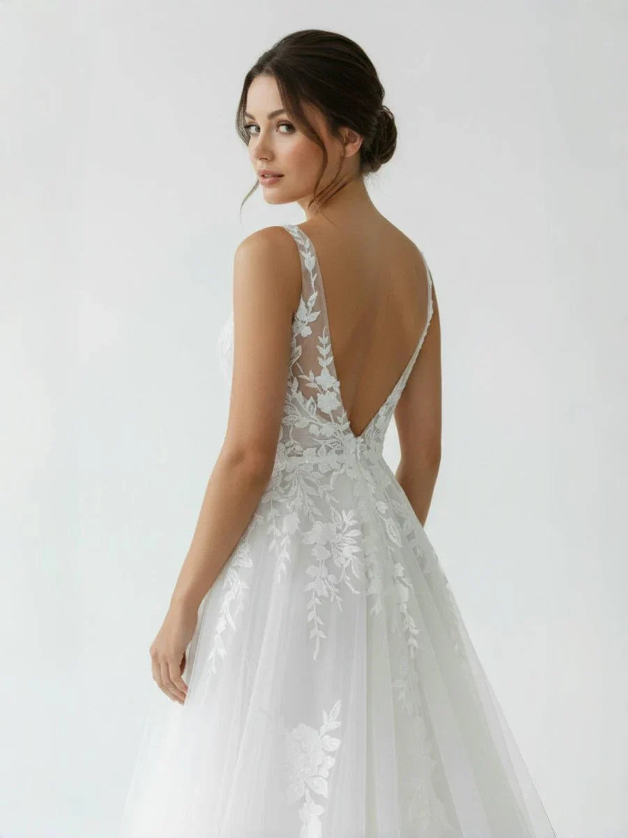 A Line V Back Long White Wedding Dress with Lace Appliqued