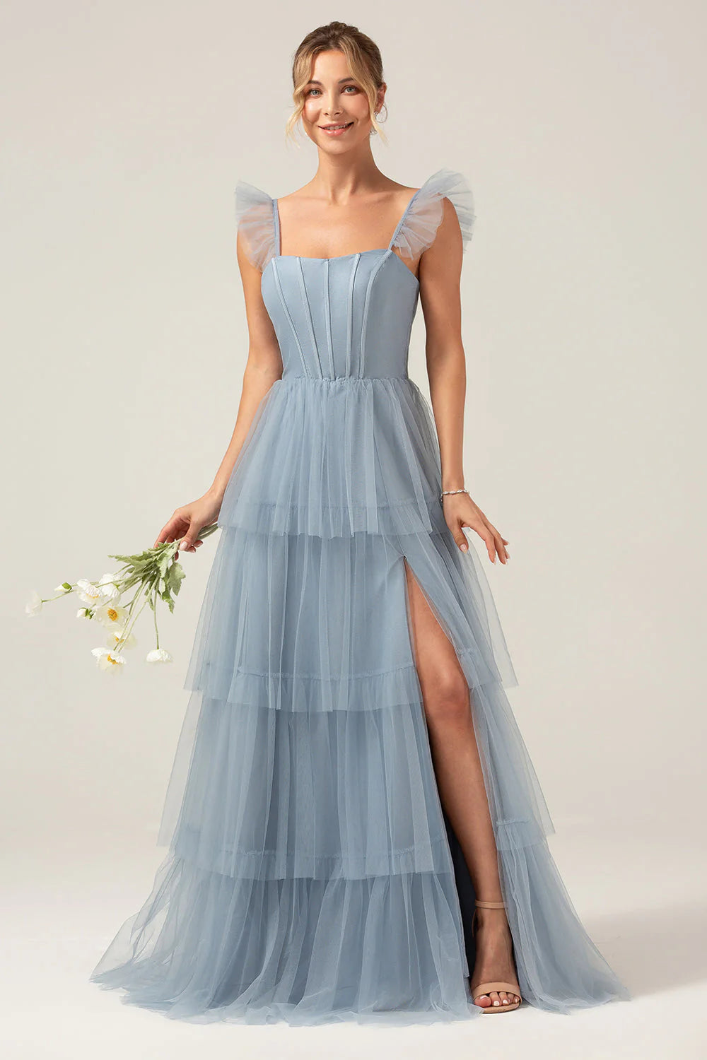 A Line Spaghetti Straps Tiered Floor Length Tulle Purple Bridesmaid Dress