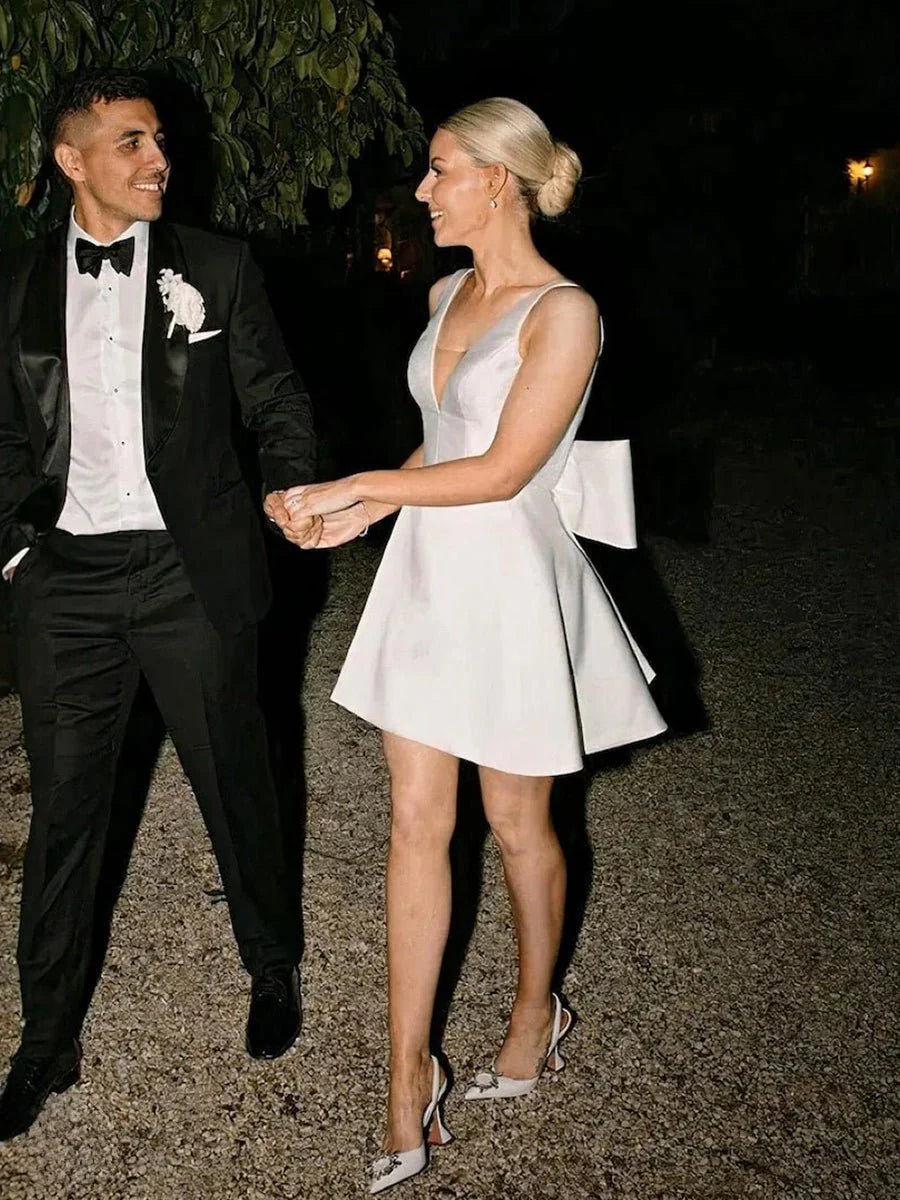 A Line White Satin V Neck Short Wedding Dress with Bow