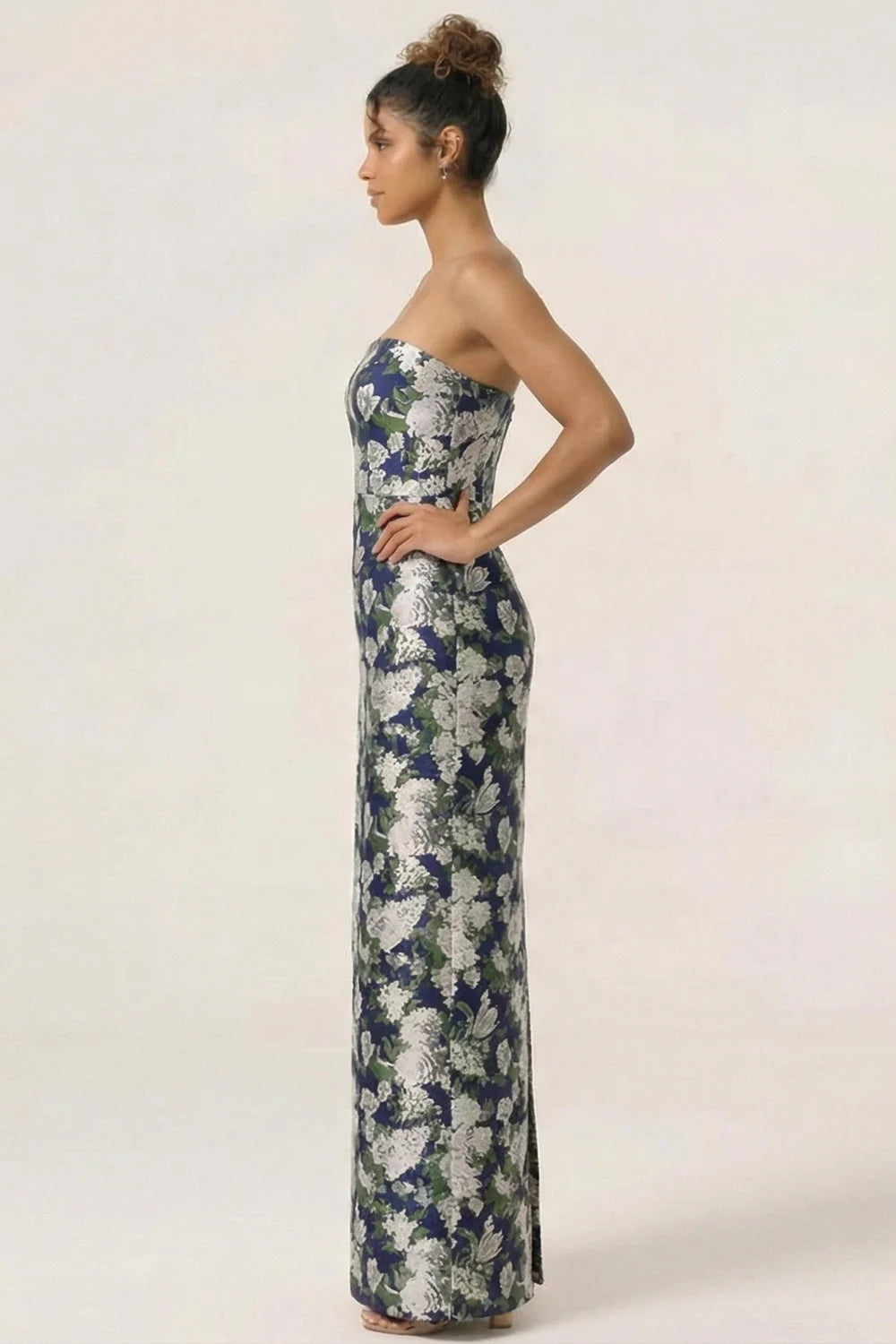 Blue Sheath Strapless White Floral Back Slit Satin Maxi Dress with Pockets