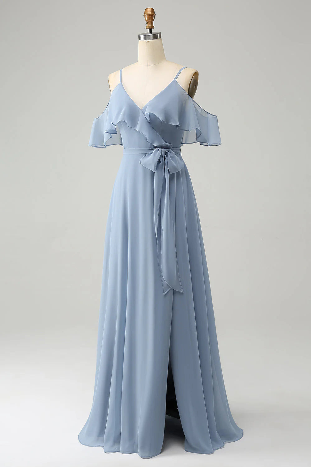 Grey Blue A Line Spaghetti Straps Chiffon Long Bridesmaid Dress with Slit
