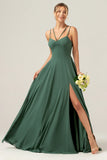 A Line Spaghetti Straps Pleated Chiffon Eucalyptus Bridesmaid Dress With Slit