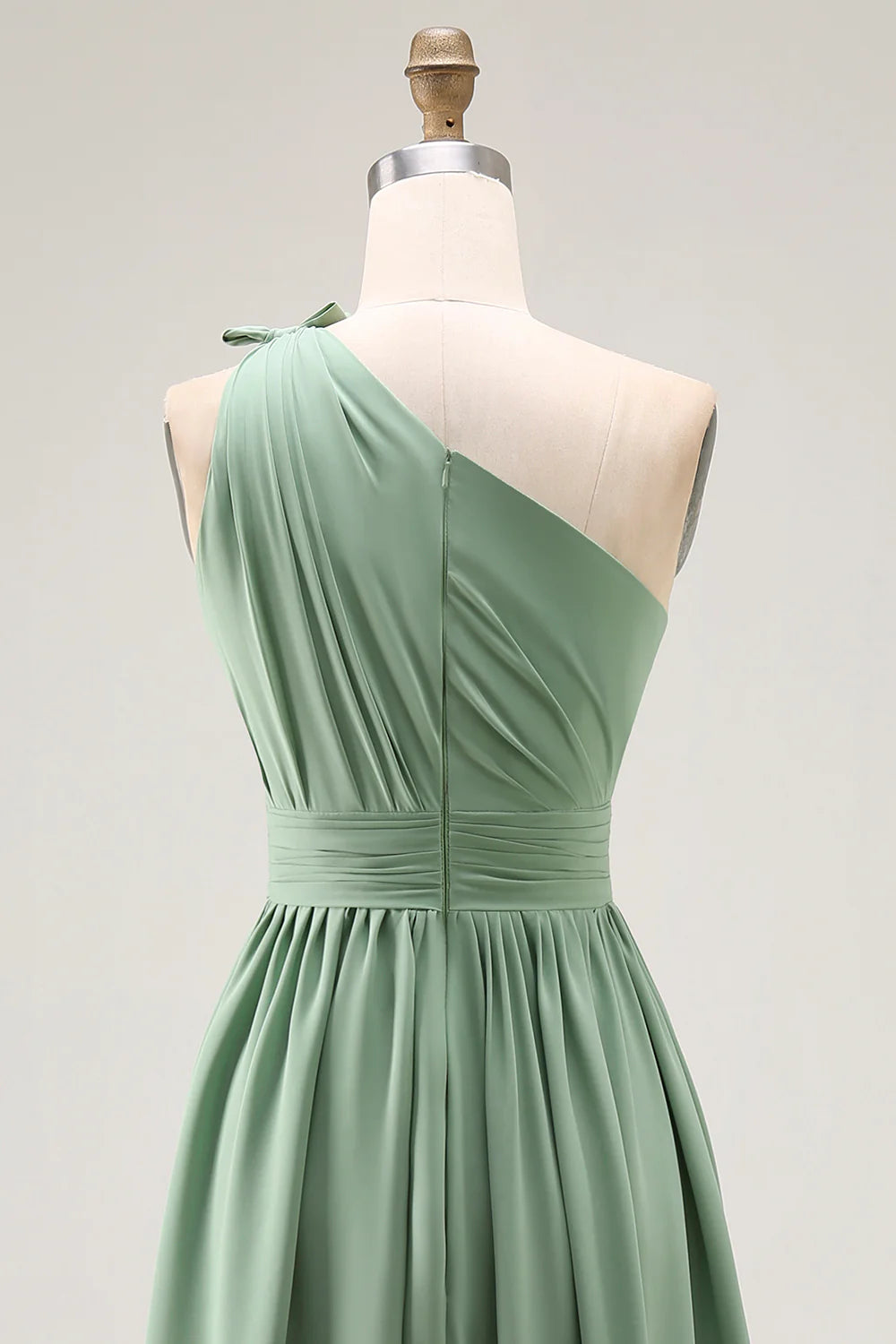 Green A Line One Shoulder Ruched Chiffon Long Bridesmaid Dress with Slit