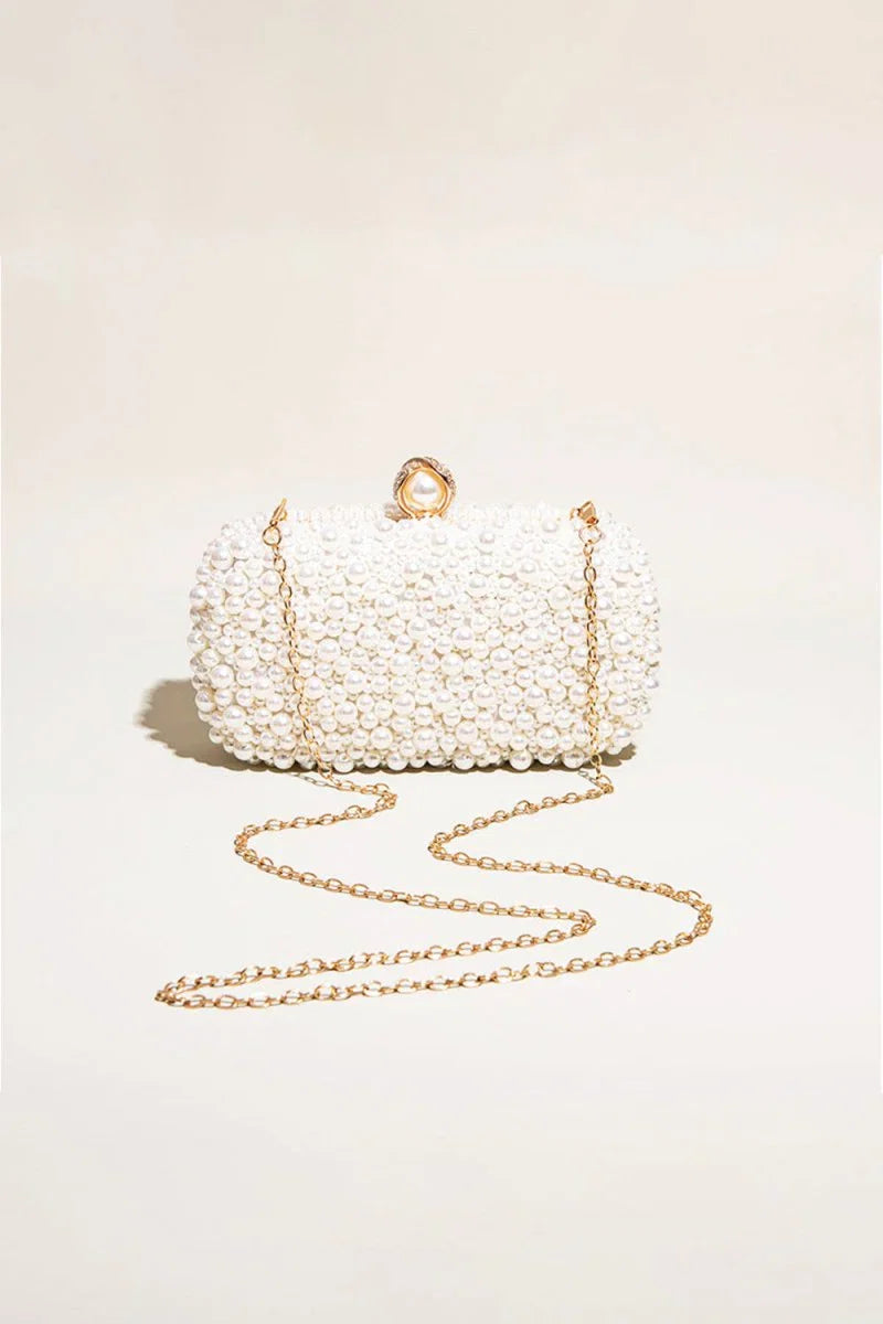 Womens White Pearls Beaded Evening Clutch Bags