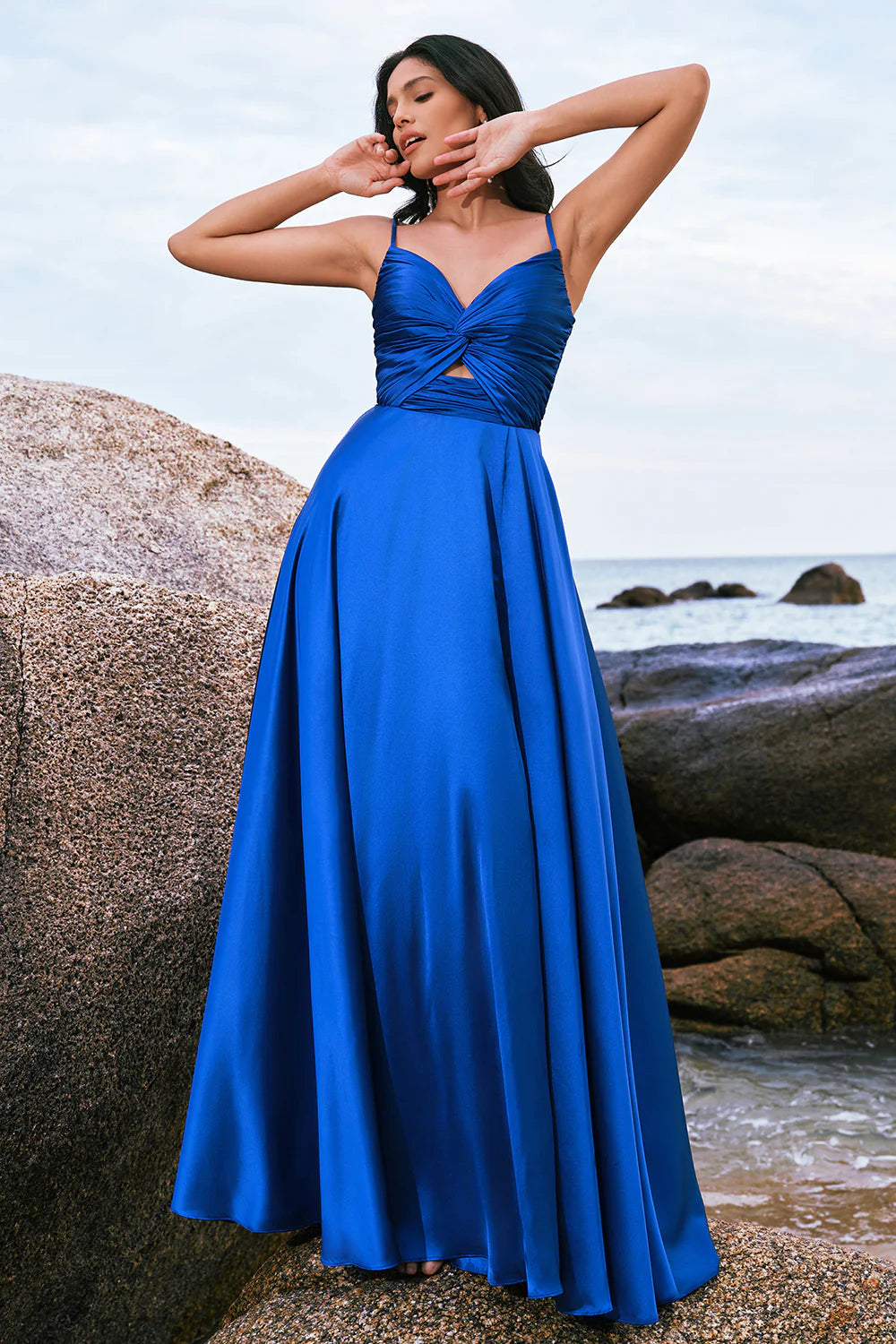 Ink Blue A Line Keyhole Satin Pleated Long Bridesmaid Dress with Slit