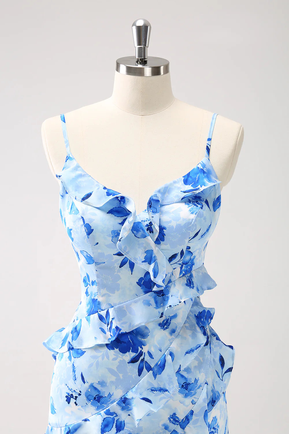 Blue Mermaid Spaghetti Straps Ruched Print Ruffle Bridesmaid Dress with Slit