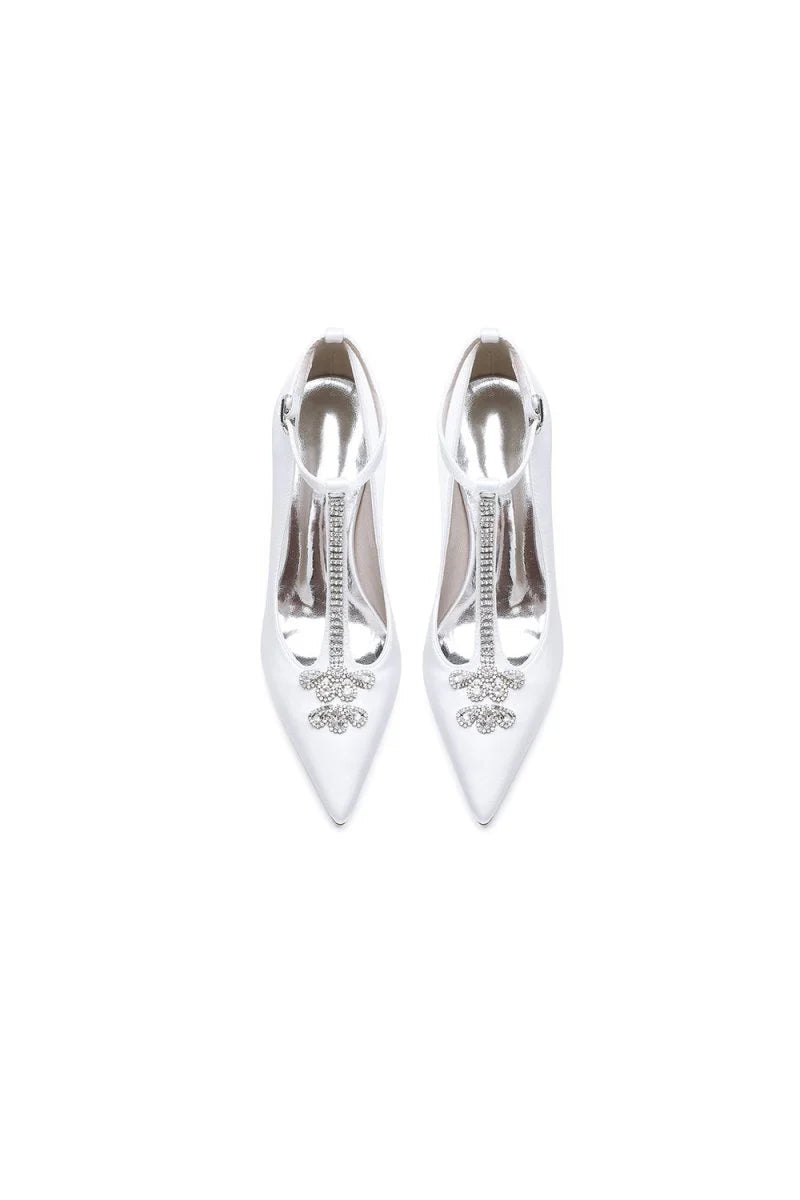 White Leather Pump with Silver Chain and Crystal Accent
