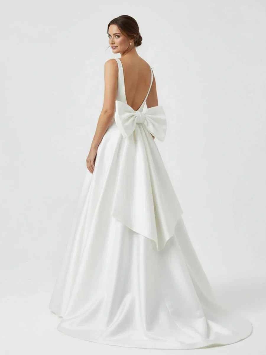 Ivory A Line Deep V Neck Long Wedding Dress with Bowknot