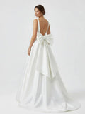 Ivory A Line Deep V Neck Long Wedding Dress with Bowknot