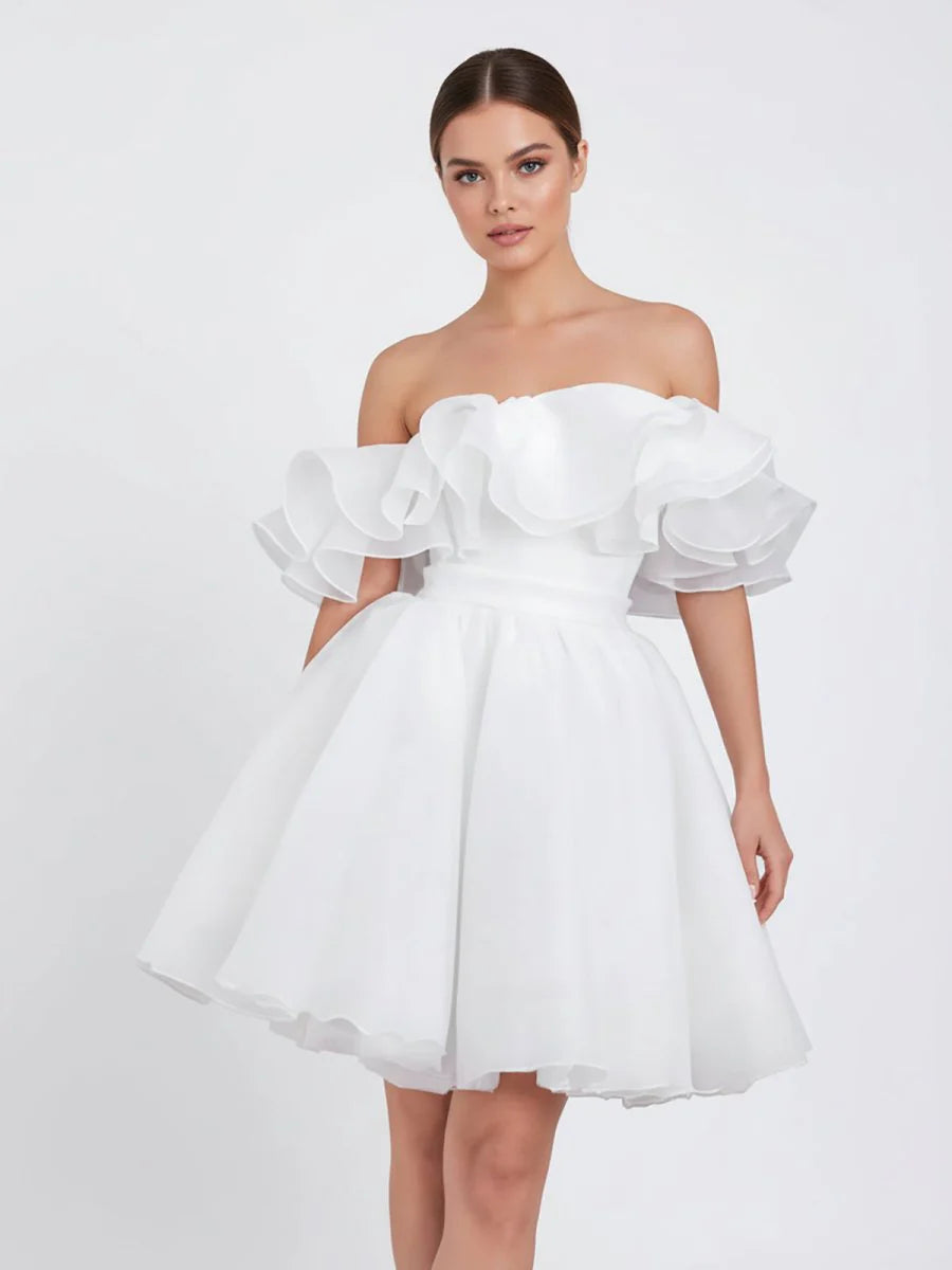 A Line Off The Shoulder Sleeveless Short Mini Organza Wedding Dresses