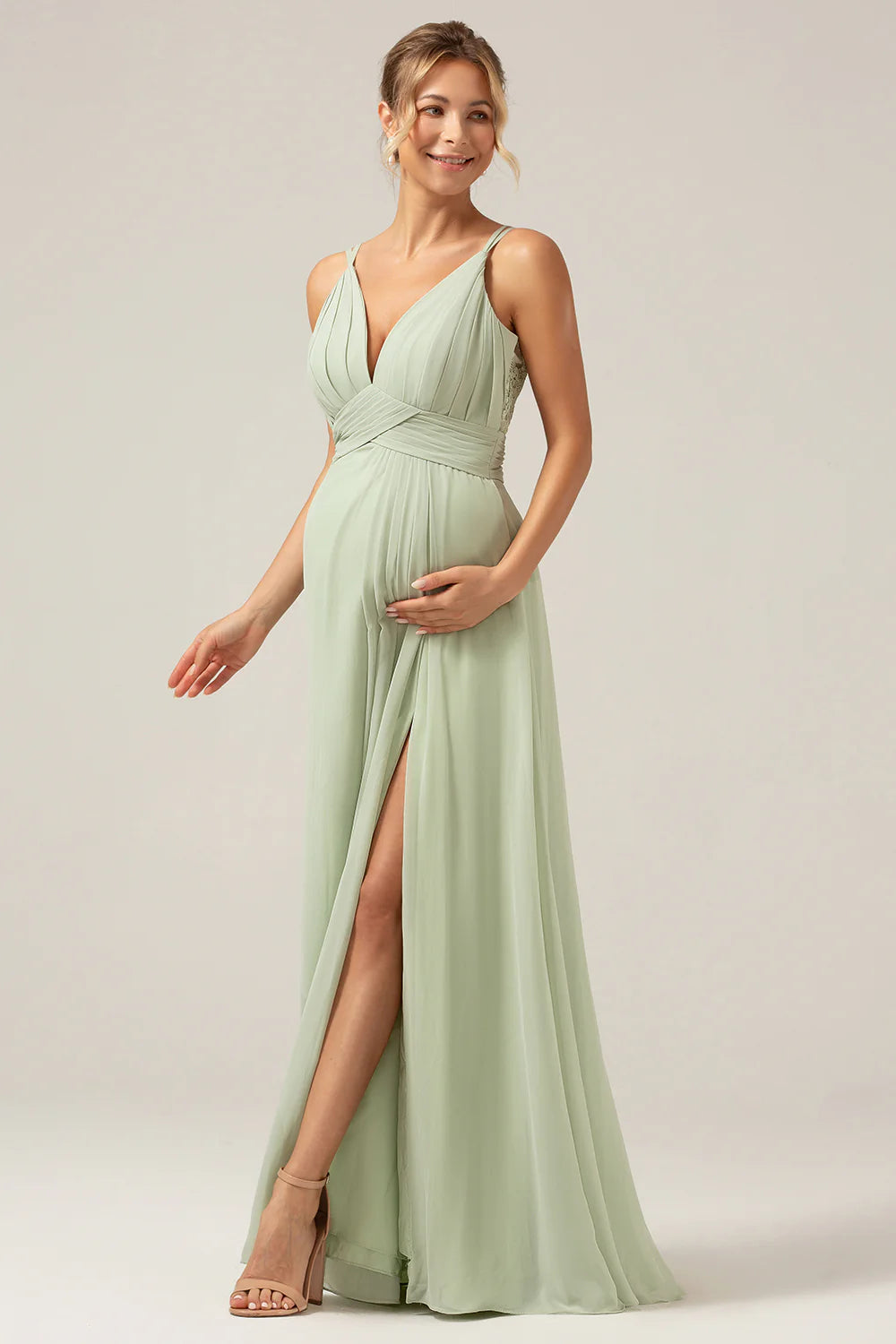 Dusty Sage A Line Spaghetti Straps Pleated Chiffon Maternity Bridesmaid Dress With Slit