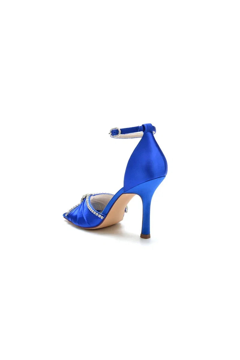 Satin Square OpenToe Stiletto Heels With Rhinestone