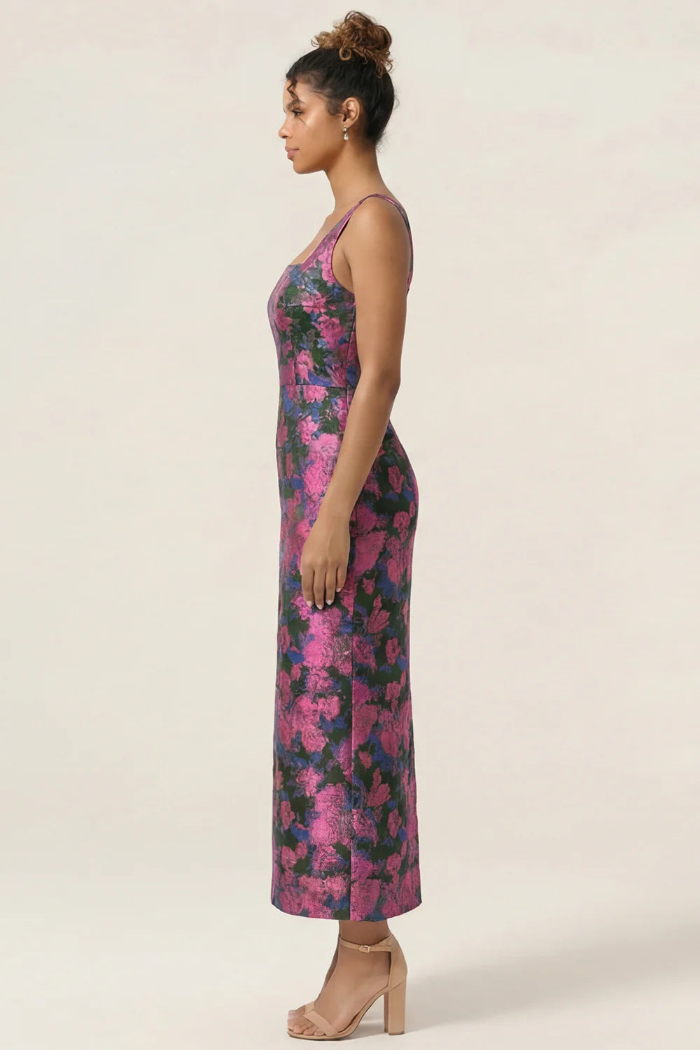 Lilac Flower Sheath Square Neck Ankle Length Wedding Guest Dress