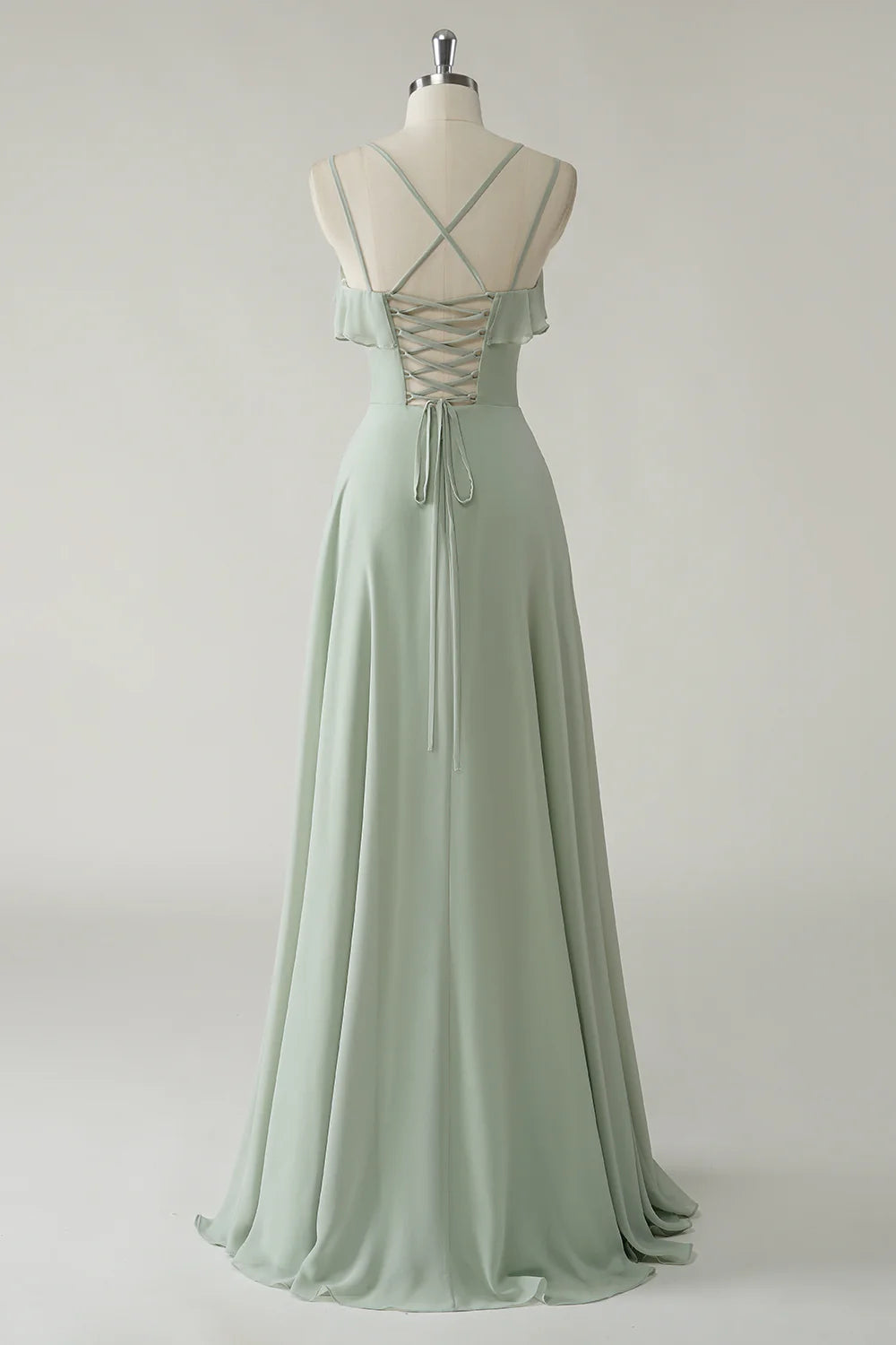 Dusty Sage A Line Spaghetti Straps Chiffon Long Bridesmaid Dress with Ruffle Slit
