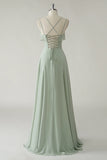 Dusty Sage A Line Spaghetti Straps Chiffon Long Bridesmaid Dress with Ruffle Slit