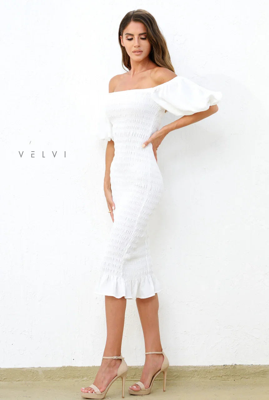 Skyla Shirred Midi Dress WHITE
