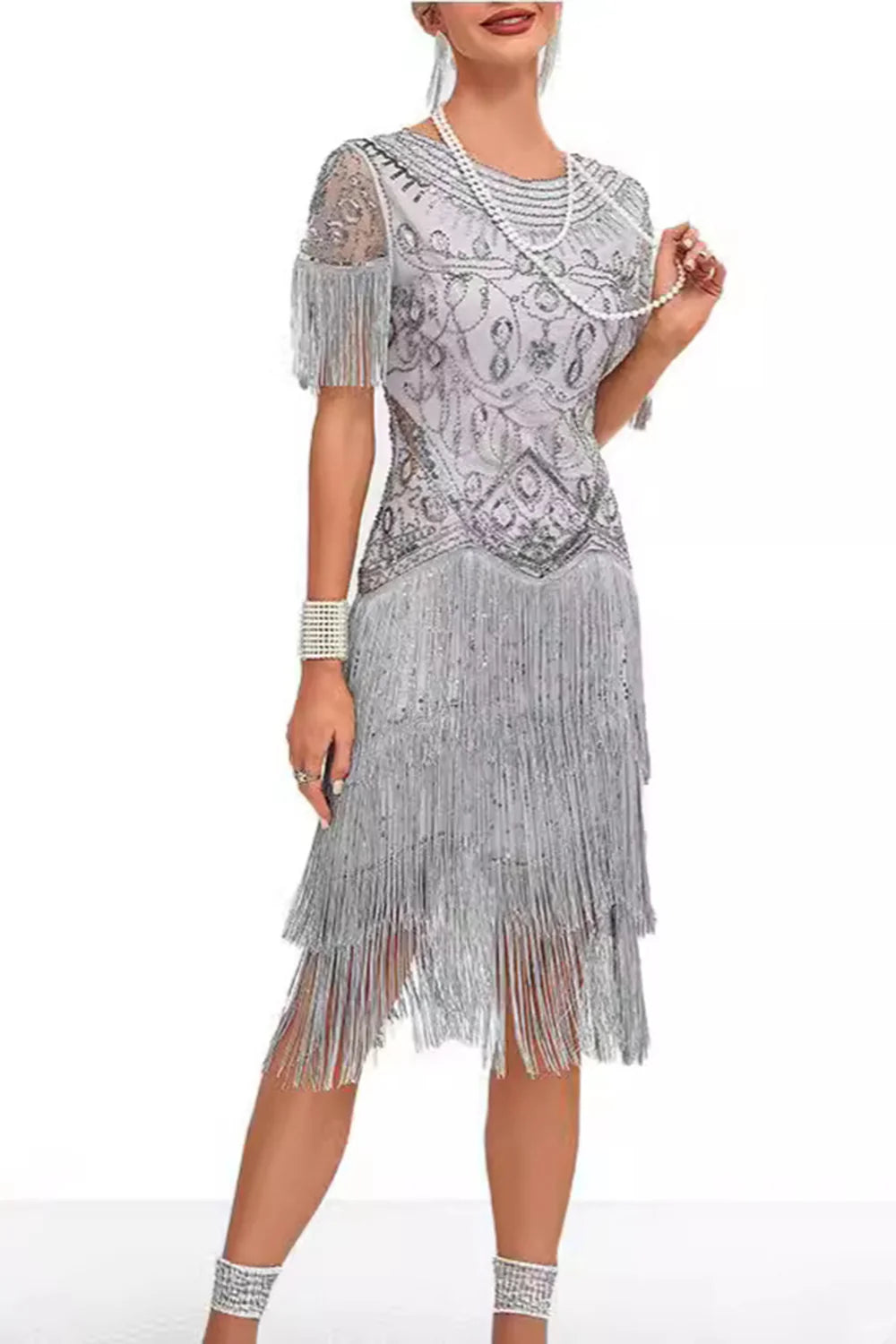Apricot Fringed Sheath Midi 1920s Dress with Appliques