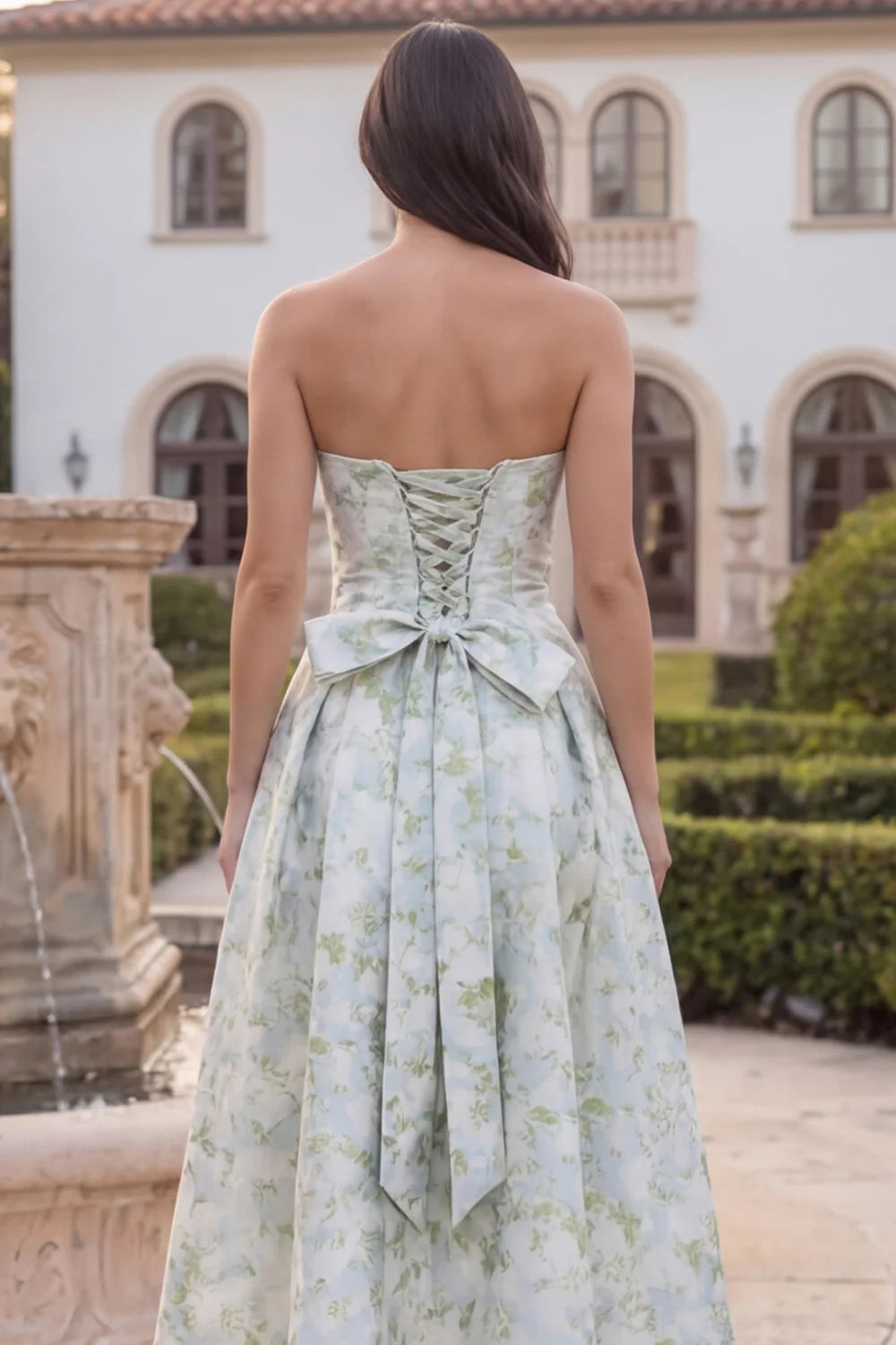 Blue White Flower Strapless A Line Printed Midi Wedding Guest Dress