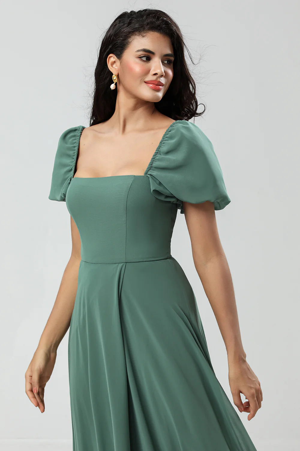 Eucalyptus A Line Square Neck Chiffon Puff Sleeves Bridesmaid Dress With Slit