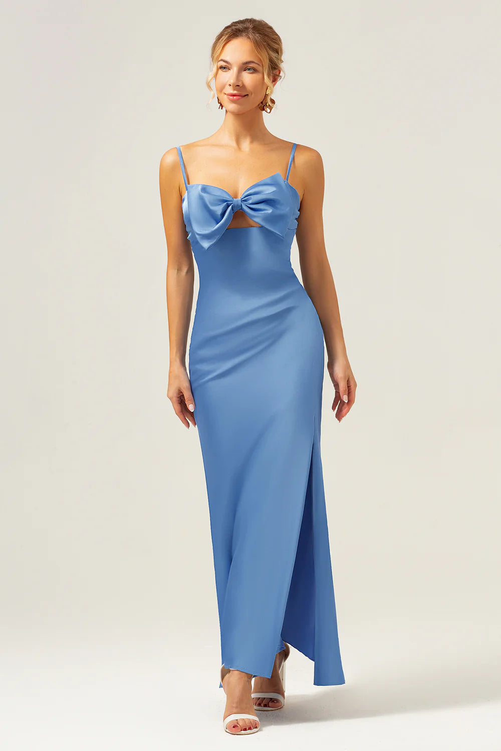 Mermaid Spaghetti Straps Satin Blue Tea Length Dress with Bow