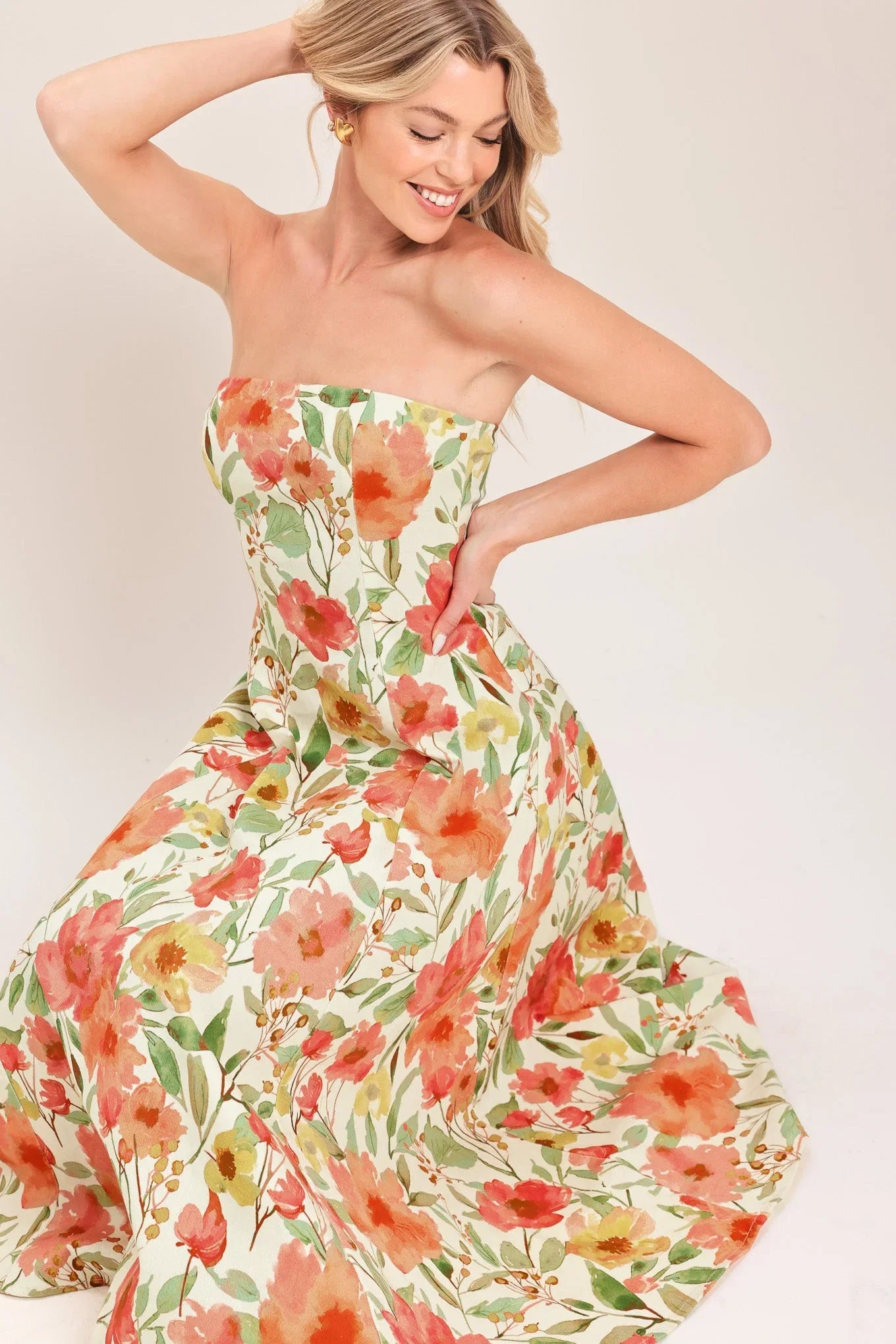 FLORAL DAYDREAM STRAPLESS MIDI DRESS