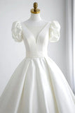 Elegant A Line V Neck White Wedding Dress with Short Sleeves