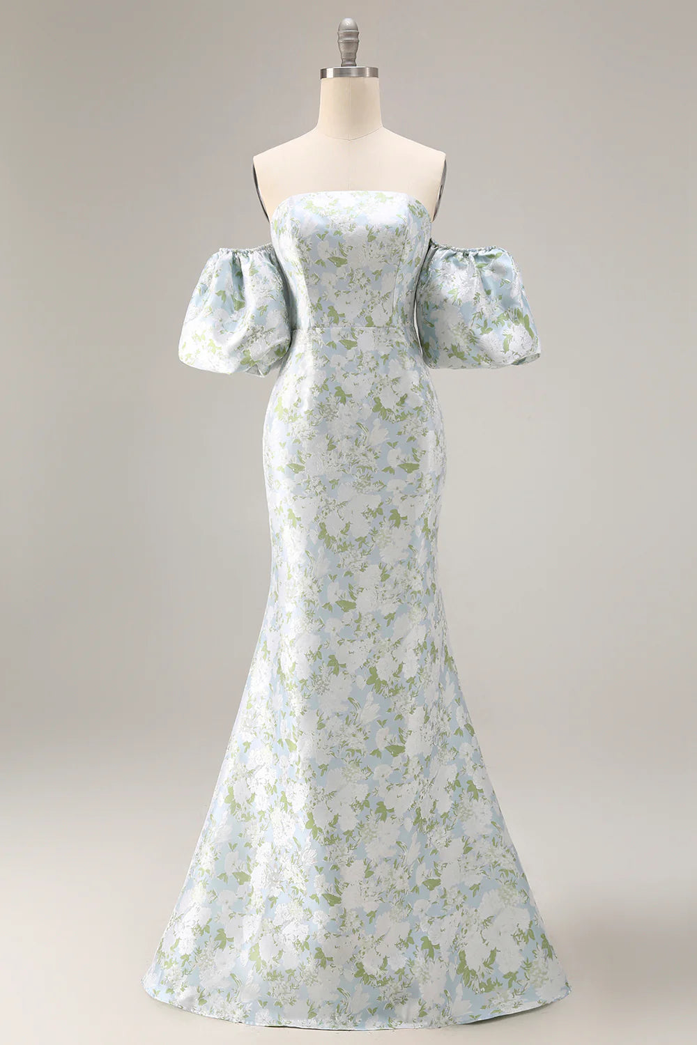 Blue White Flower Mermaid Strapless Satin Convertible Dress with Removable Sleeves