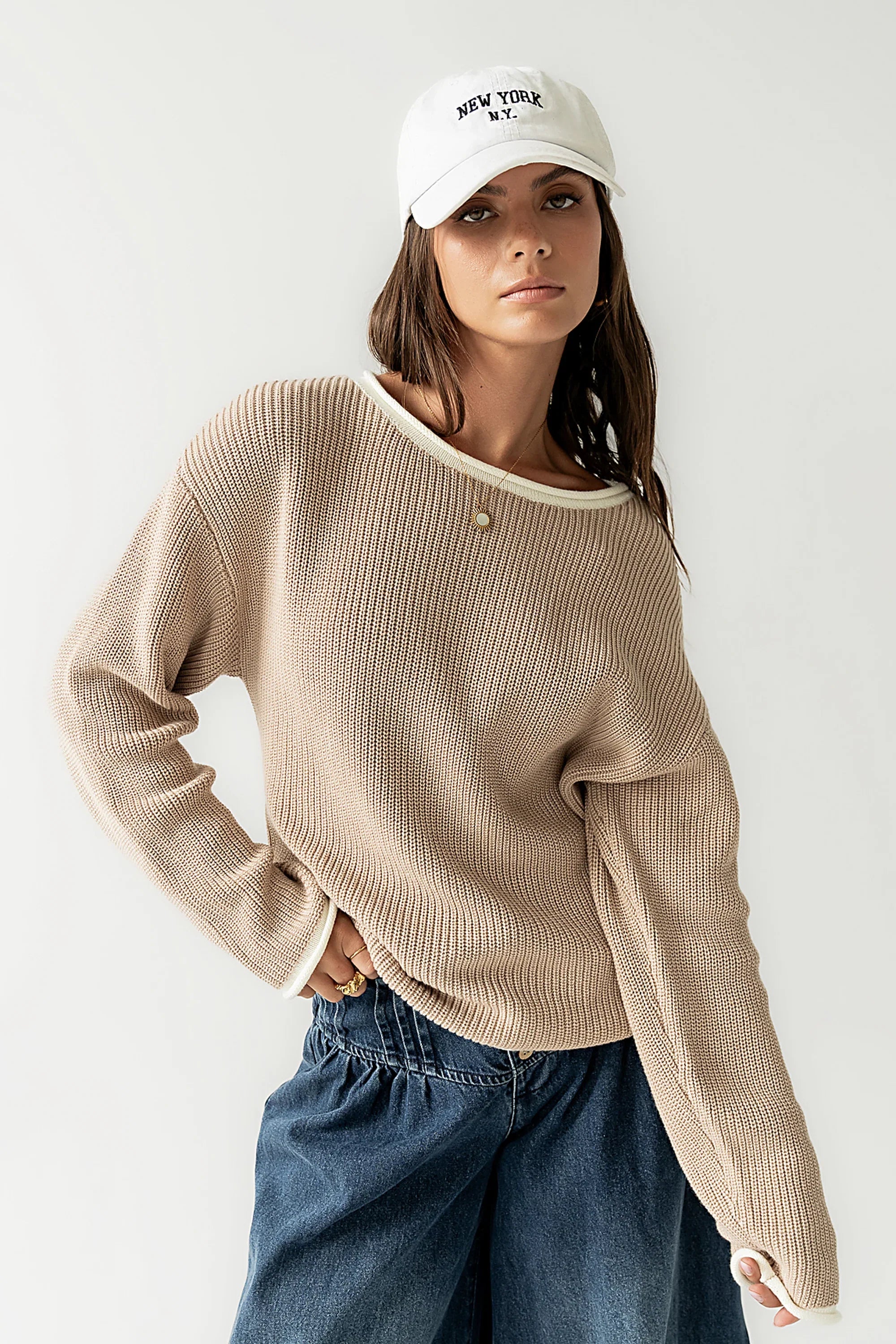 Mandy Contrast Sweater in Tan FINAL SALE