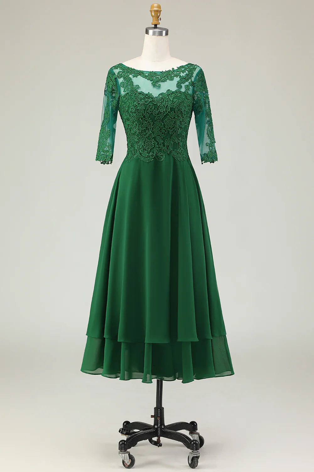 Green A Line Tie Back Appliqued Midi Mother Of The Bride Dress with Half Sleeves