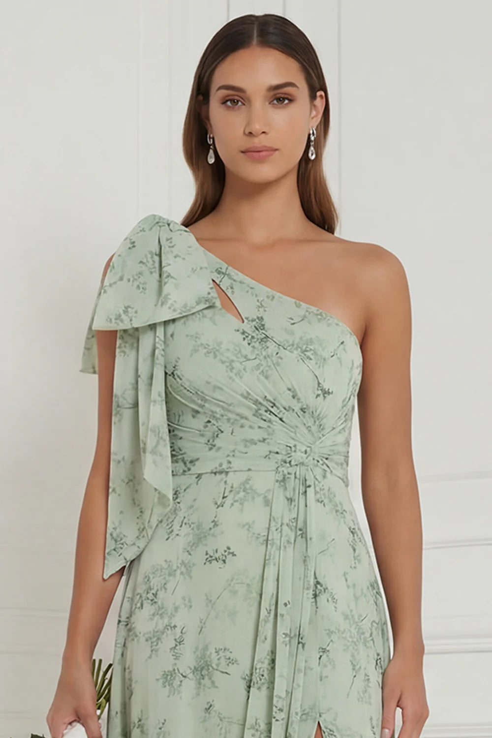 Dusty Sage One Shoulder A Line Floral Bridesmaid Dress with Slit