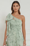 Dusty Sage One Shoulder A Line Floral Bridesmaid Dress with Slit