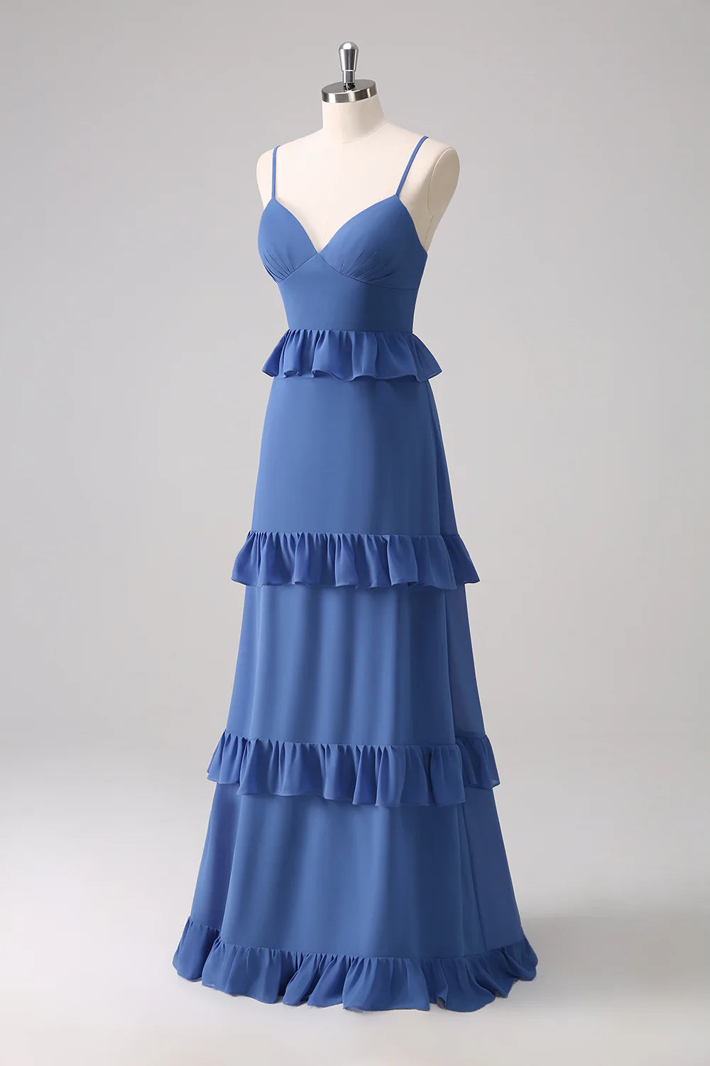 Dark Blue A Line Chiffon Tiered Long Bridesmaid Dress with Lace Up Back