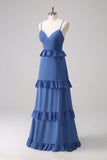 Dark Blue A Line Chiffon Tiered Long Bridesmaid Dress with Lace Up Back