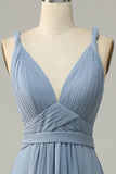 Dusty Blue A Line Deep V Neck Chiffon Bridesmaid Dress