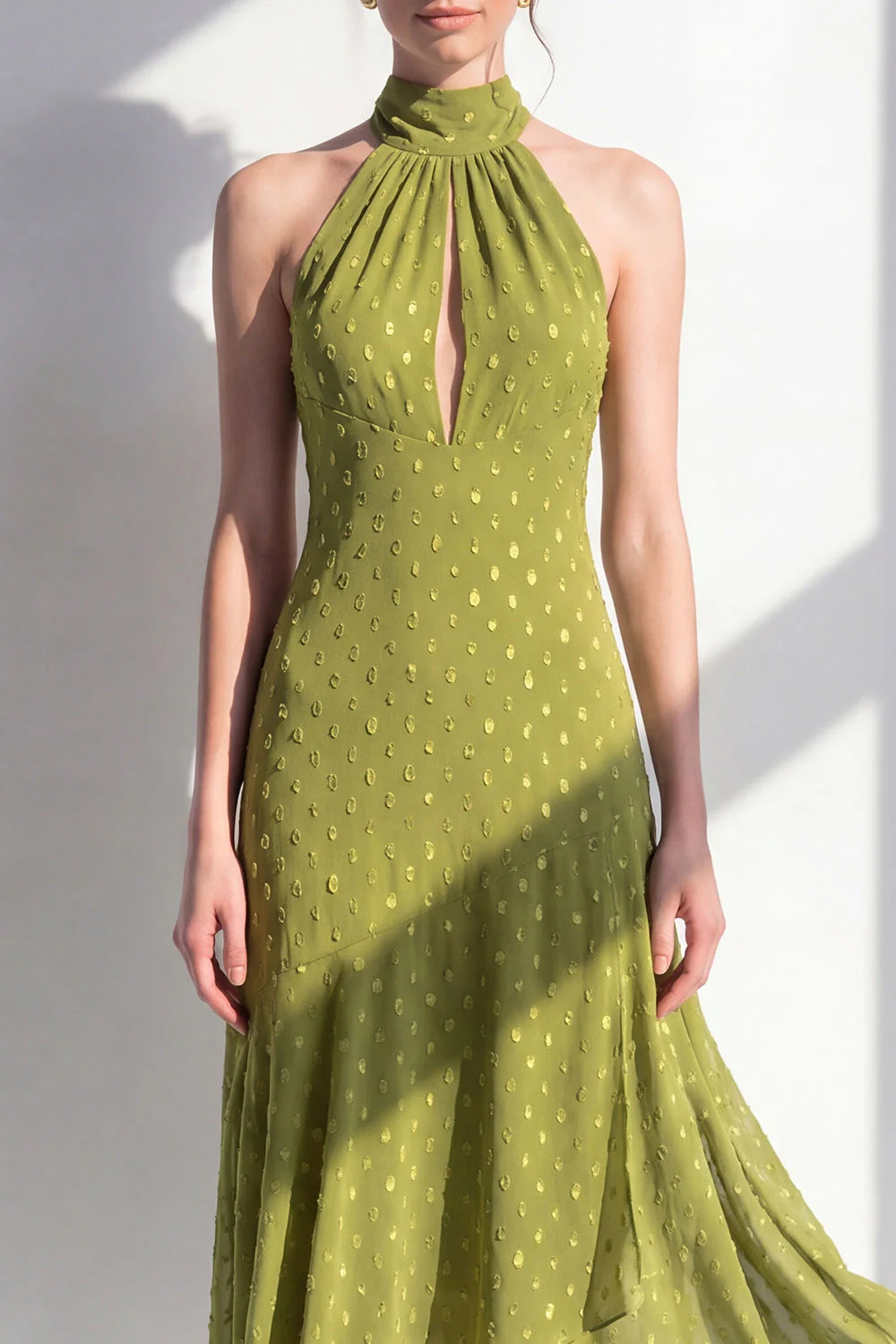 Halter A Line Olive Midi Wedding Guest Dress