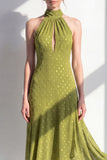 Halter A Line Olive Midi Wedding Guest Dress