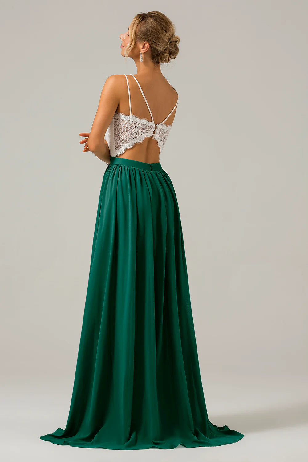 A Line Spaghetti Straps Pleated Long Bridesmaid Dress With Lace