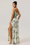 Green Flower Sheath Cowl Neck Printed Open Back Long Bridesmaid Dress